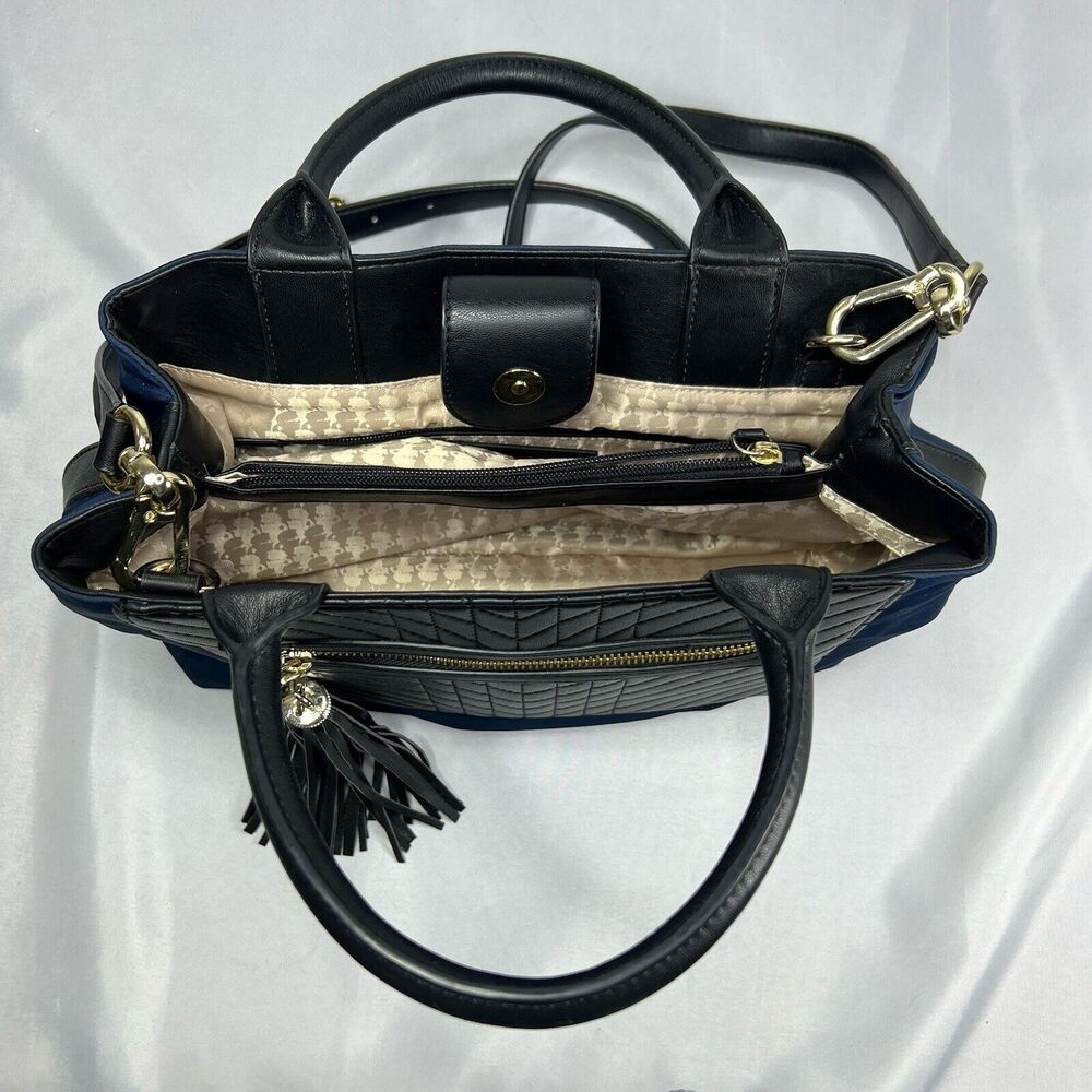 Karl Lagerfeld Paris Misto Black Leather and Blue Nylon Satchel Bag with Tags - Picture 14 of 15